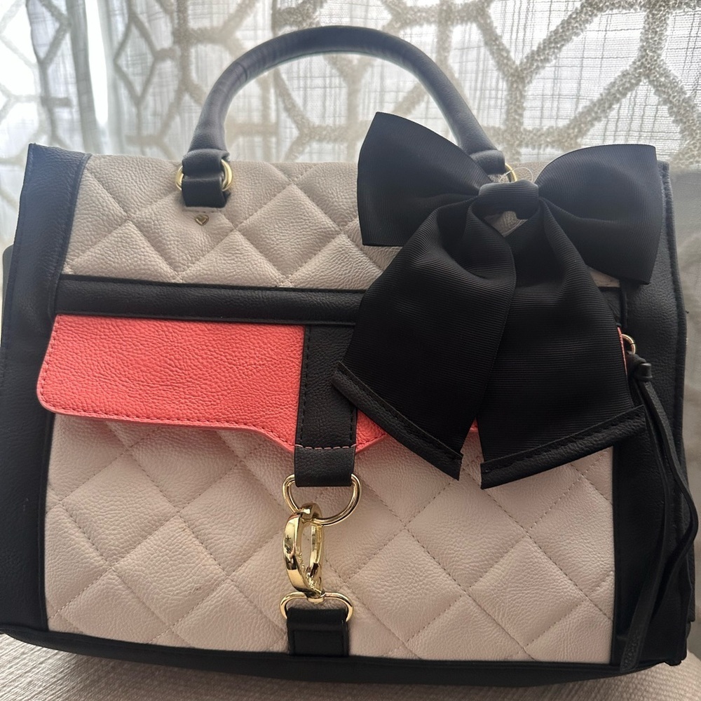 Betsey Johnson Cream, Black & Coral Quilted Top-Handle Shoulder Bag with Bow